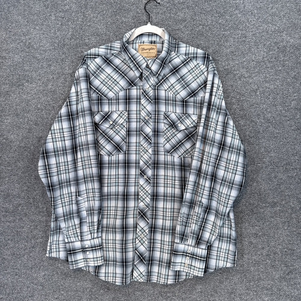 Wrangler Western Shirt Mens Large Blue Plaid Pearl Snap Long Sleeve Cowboy